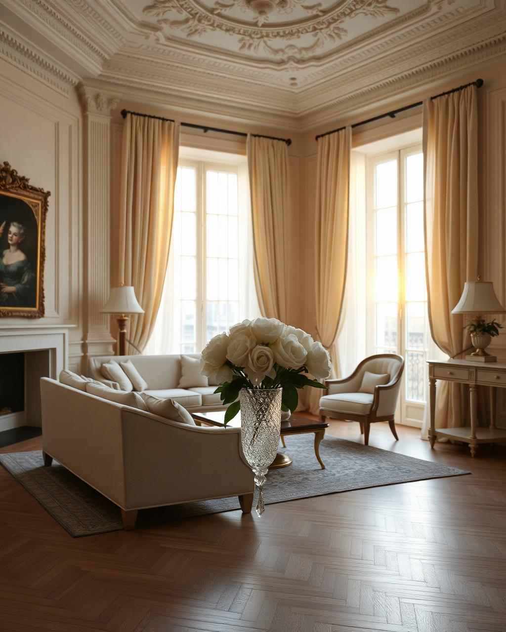 Salon néoclassique inondé d'une lumière dorée